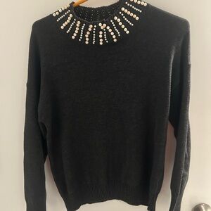 Aqua Black Sweater with Pearl Accents